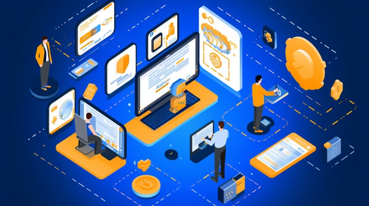 Isometric illustration of individuals interacting with various devices and AWS certification sample questions.