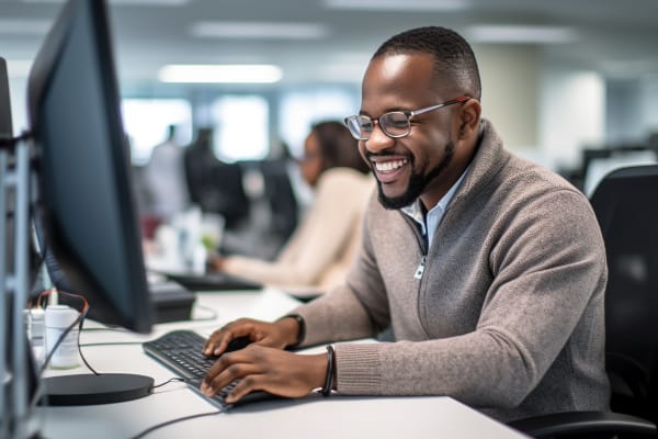 Joyful CCNA certified professional working on a computer in a busy office environment.