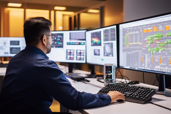 Focused male DevOps engineer monitoring network operations on multiple screens.